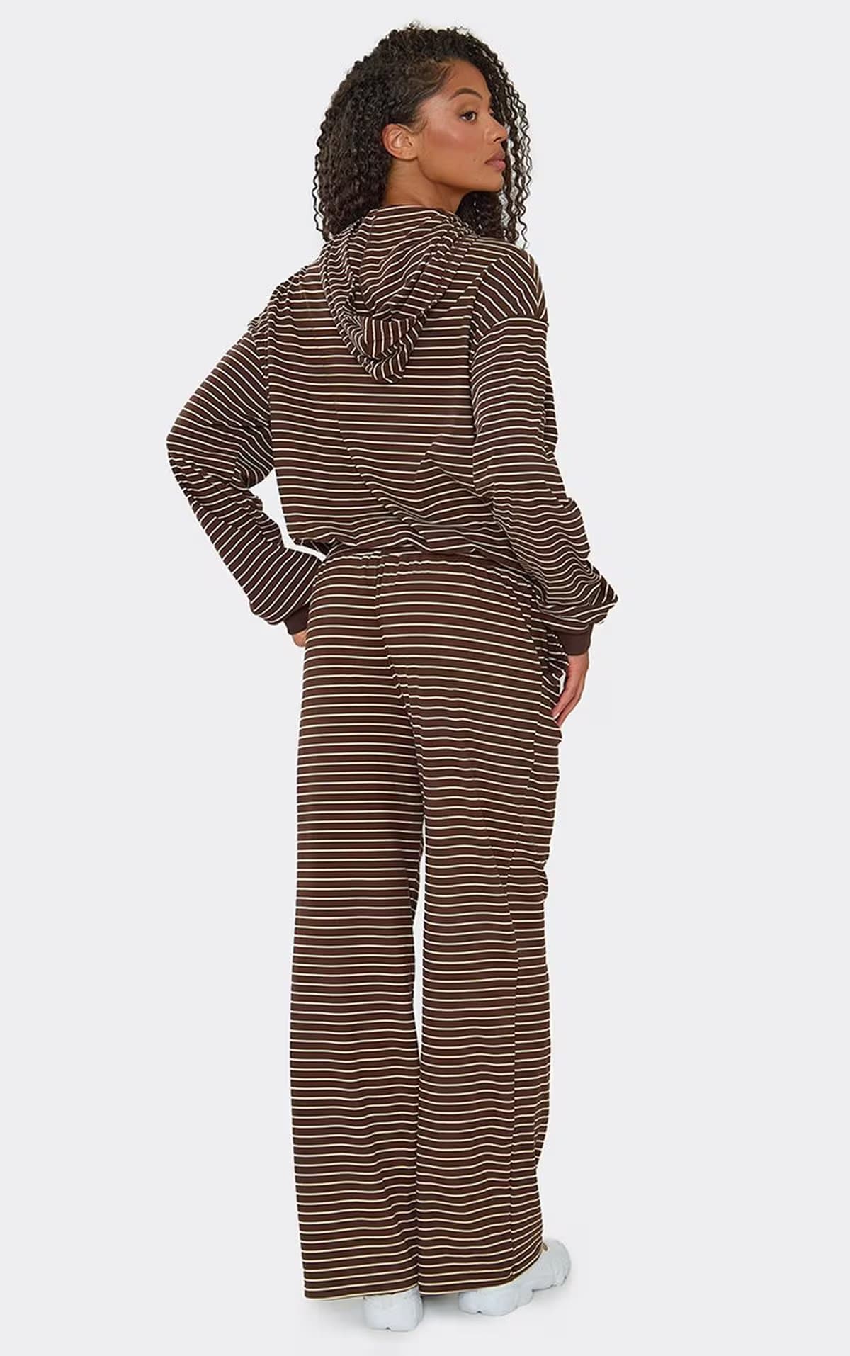 EGO Mid Rise Straight Leg Joggers In Chocolate Brown Soft Stripe Fleece, Women's Size UK 6