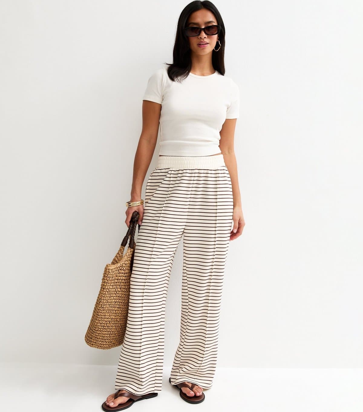 New Look Women's Petite Premium White and Brown Premium Striped Wide Leg Joggers New Look