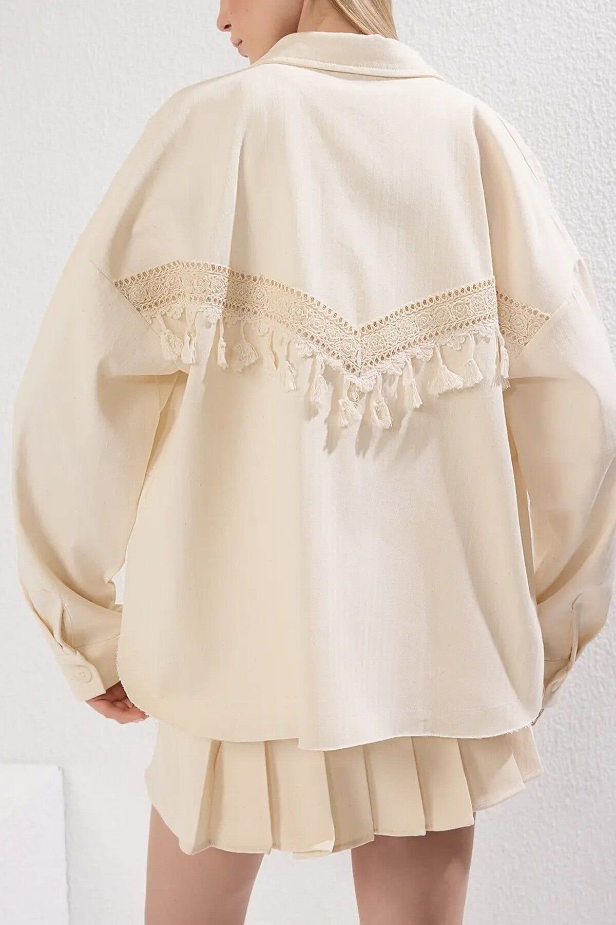 WOVCOR WOVCOR Women's Women's Plain Button Up Collared Shirt Jacket in Beige - 3