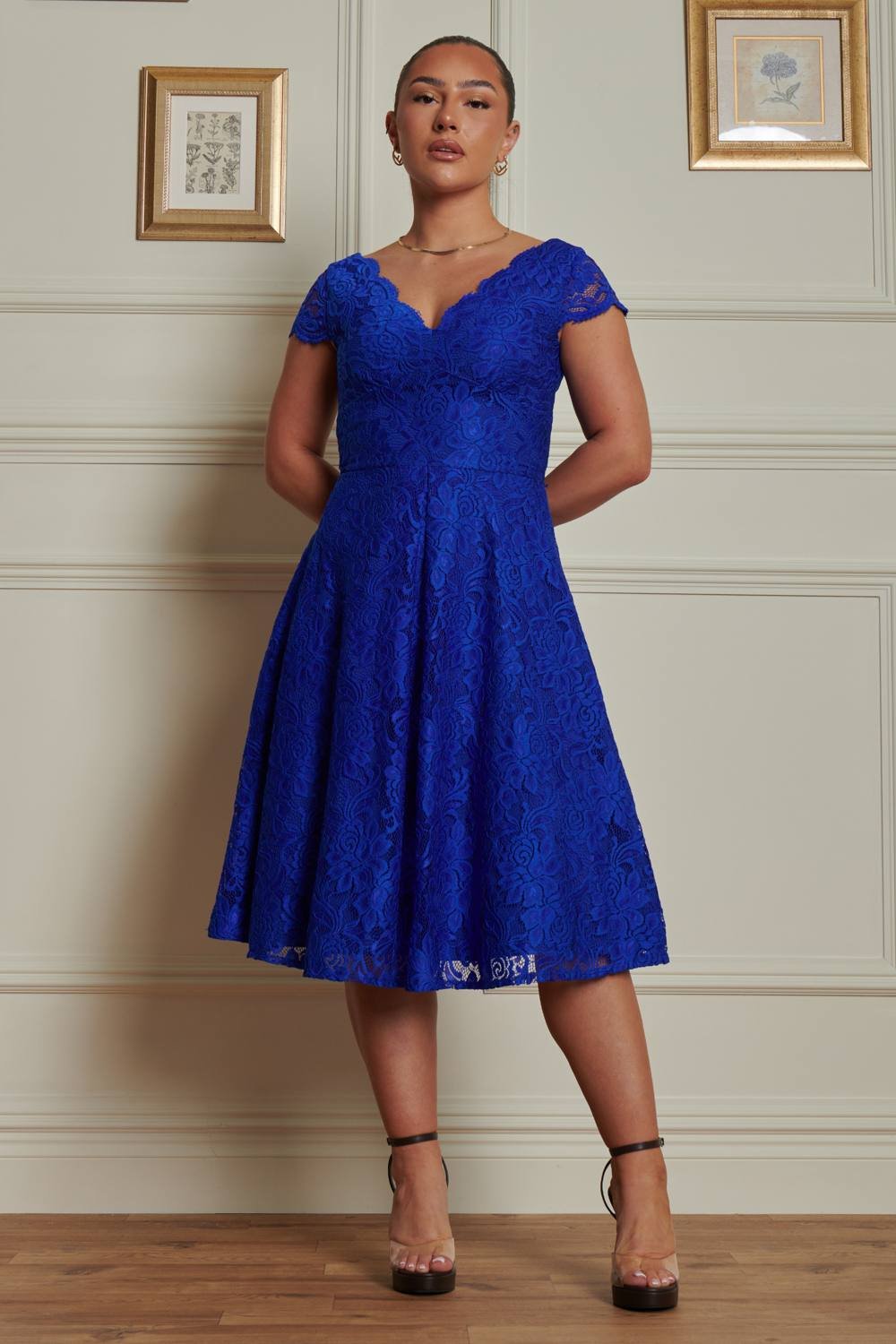Jolie Moi Jolie Moi Women's Cap Sleeve 50s Lace Dress in Bright Blue - 2