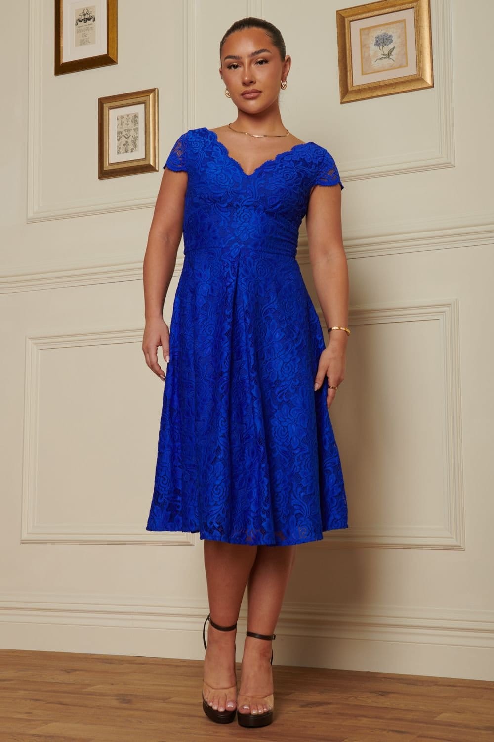 Jolie Moi Jolie Moi Women's Cap Sleeve 50s Lace Dress in Bright Blue - 4