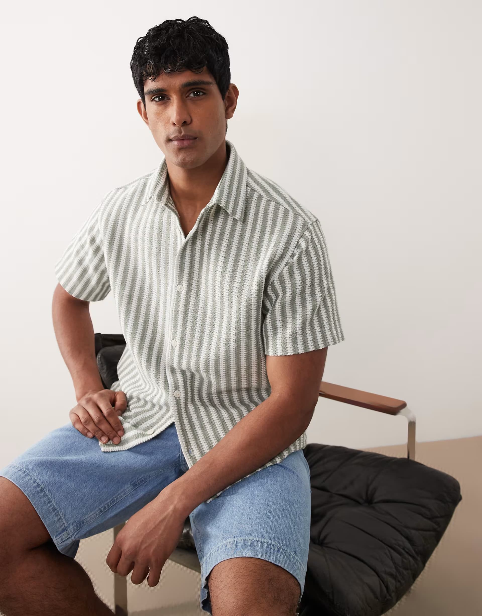 ASOS Jack & Jones crochet stripe short sleeve shirt in light green