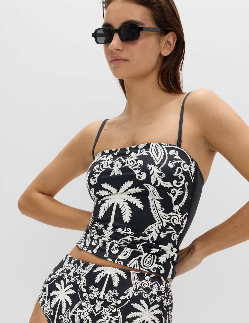 Marks & Spencer M&S Tummy Control Printed Bandeau Tankini Top Black Mix - 1