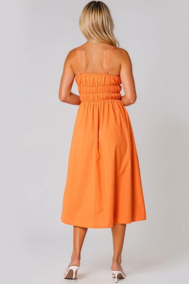 Aftershock London Aftershock London Women's Ruched Strappy Cotton Midi Dress in Orange - 3