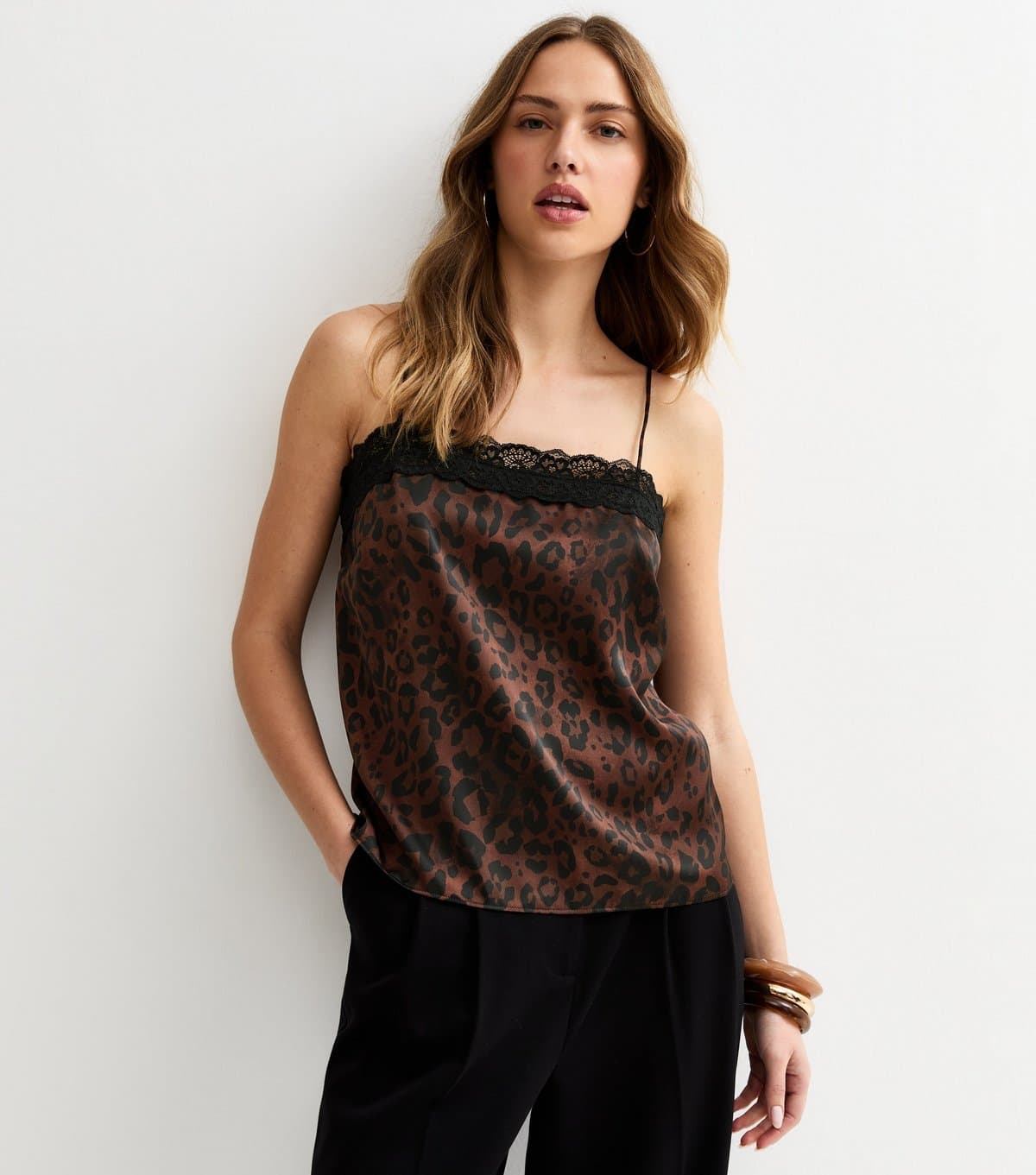 New Look Women's Brown Animal Print Lace Neck Cami Top New Look