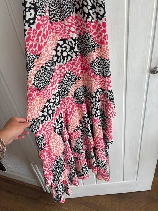 Be Beau Long frilly halter neck pink leopard day dress