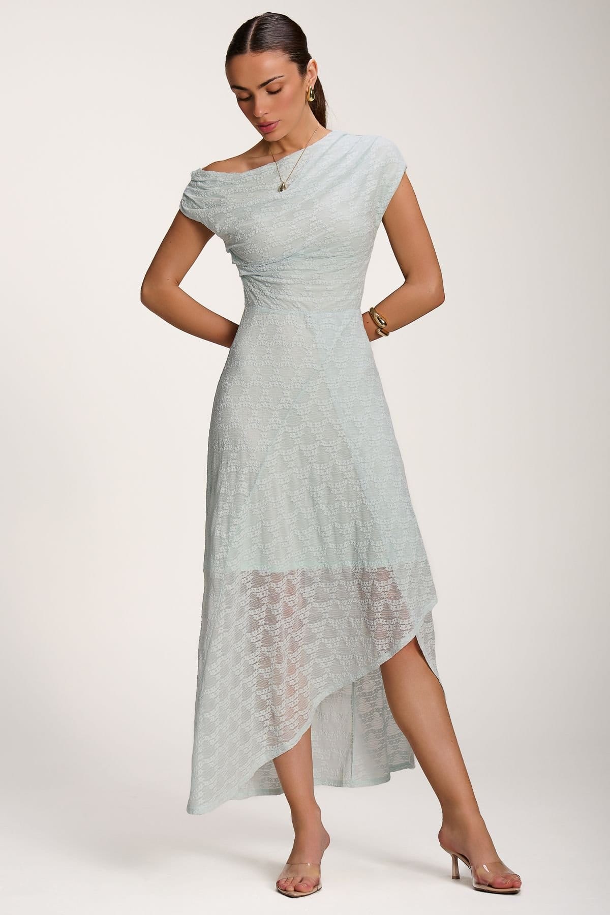 Jolie Moi Jolie Moi Women's Asymmetric Draped Lace Maxi Dress in Light Blue - 4