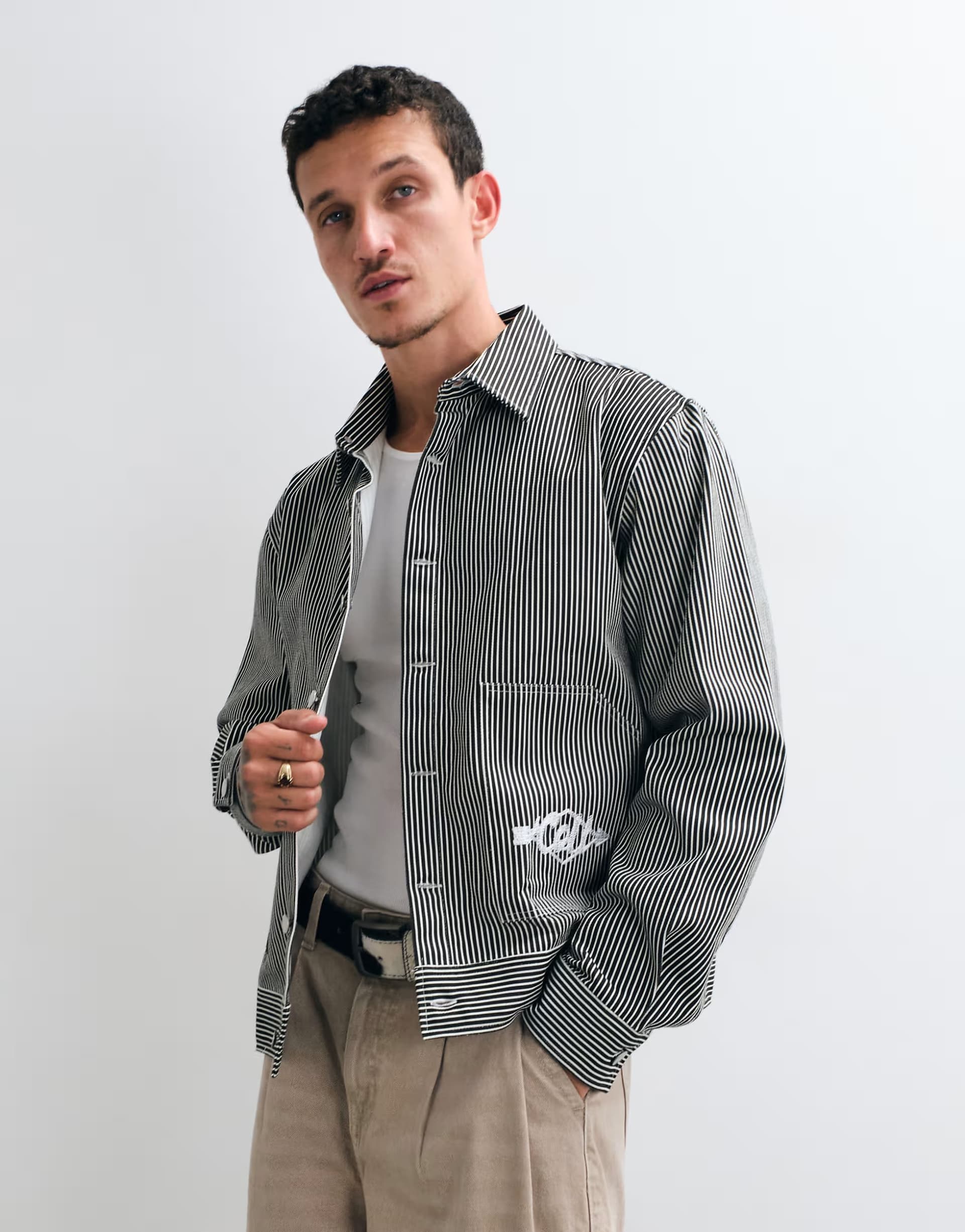 ASOS Colt boxy fit button up chore jacket in navy pinstripe