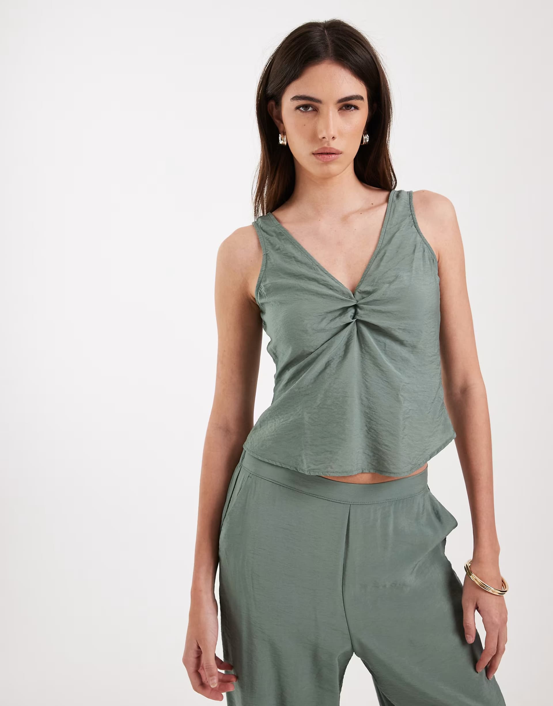 ASOS Vero Moda plunge front ruched detail sleeveless top co-ord in laurel green