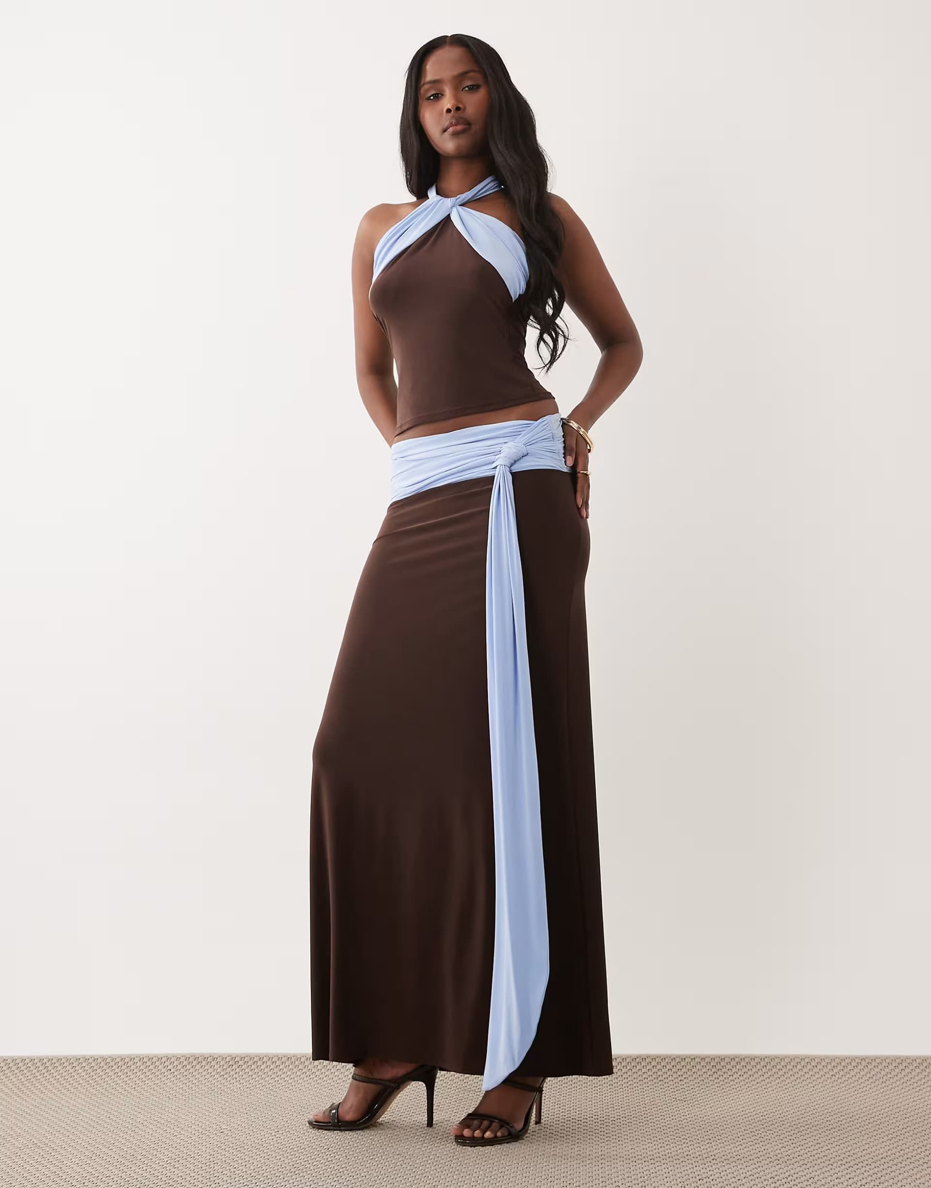 ASOS ASOS DESIGN soft touch contrast sash waist maxi skirt co-ord in chocolate