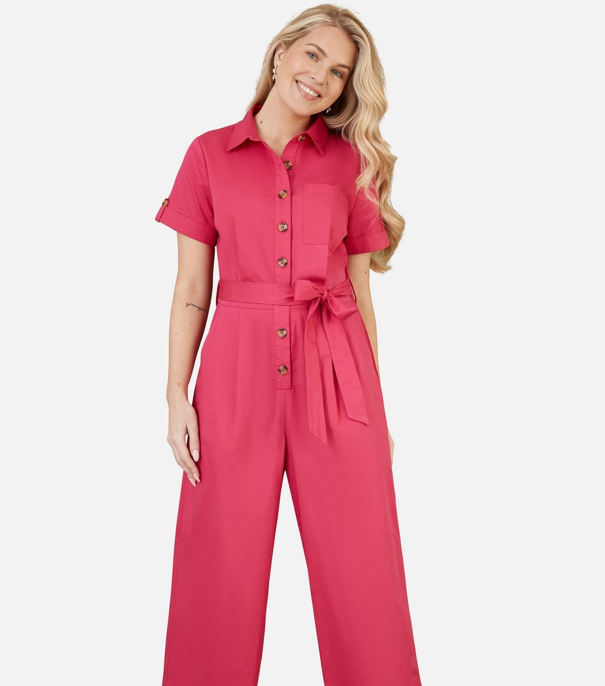 Yumi Women's Pink Twill Cropped Jumpsuit Yumi New Look - 2