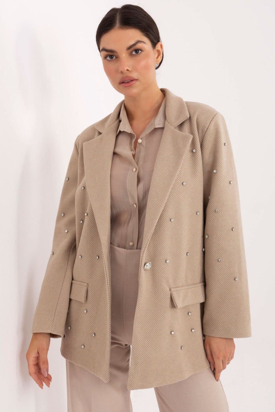 Love Lace Love Lace Women's Elegant Occasion Blazer with Zircon Shine in Beige