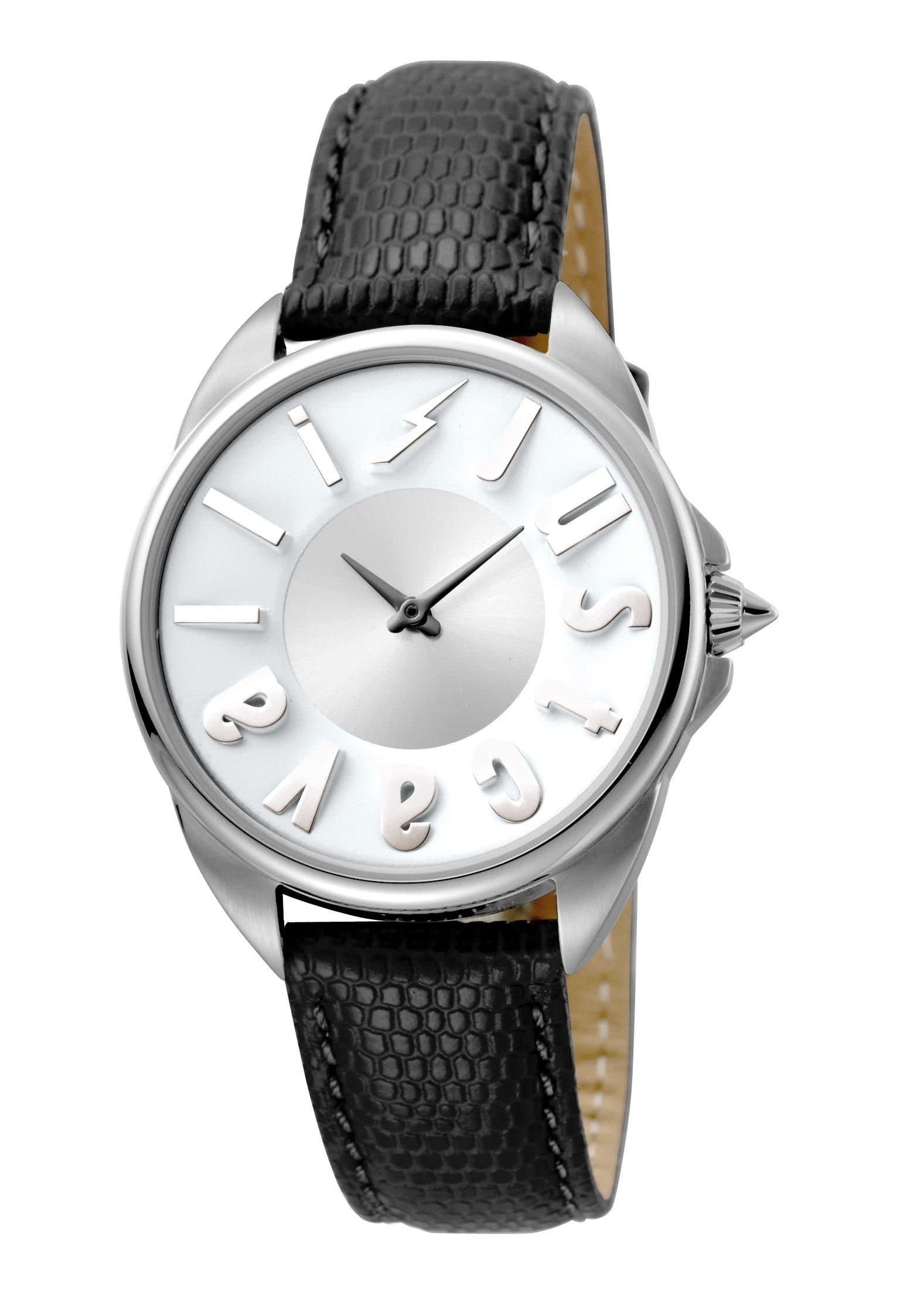 Just Cavalli Just Cavalli Women's Logo Silver Dial Calfskin Leather Watch in Black