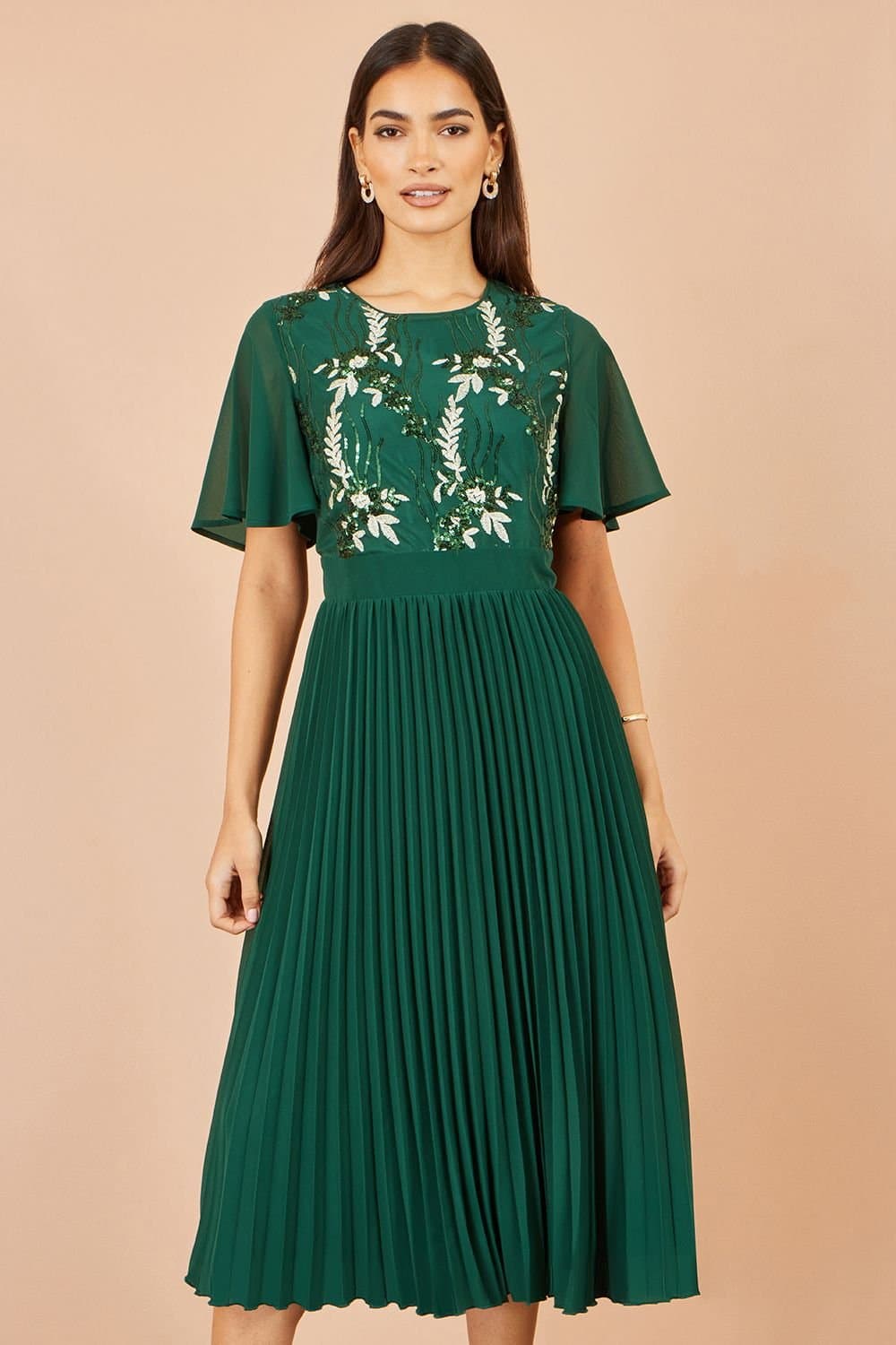 Yumi Yumi Women's Sequin Embroidered Pleated Midi Dress in Green