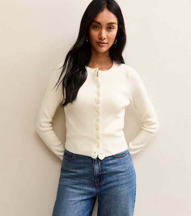 New Look Women's Cream Scalloped Trim Compact Knit Cardigan New Look - 2
