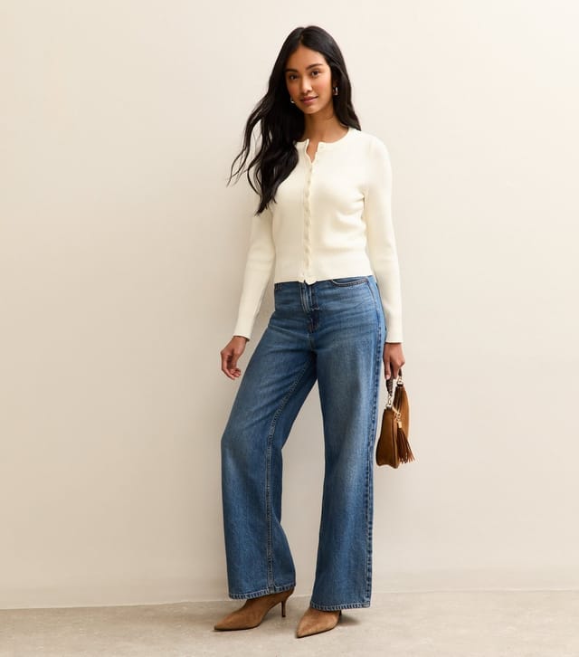 New Look Women's Cream Scalloped Trim Compact Knit Cardigan New Look - 3