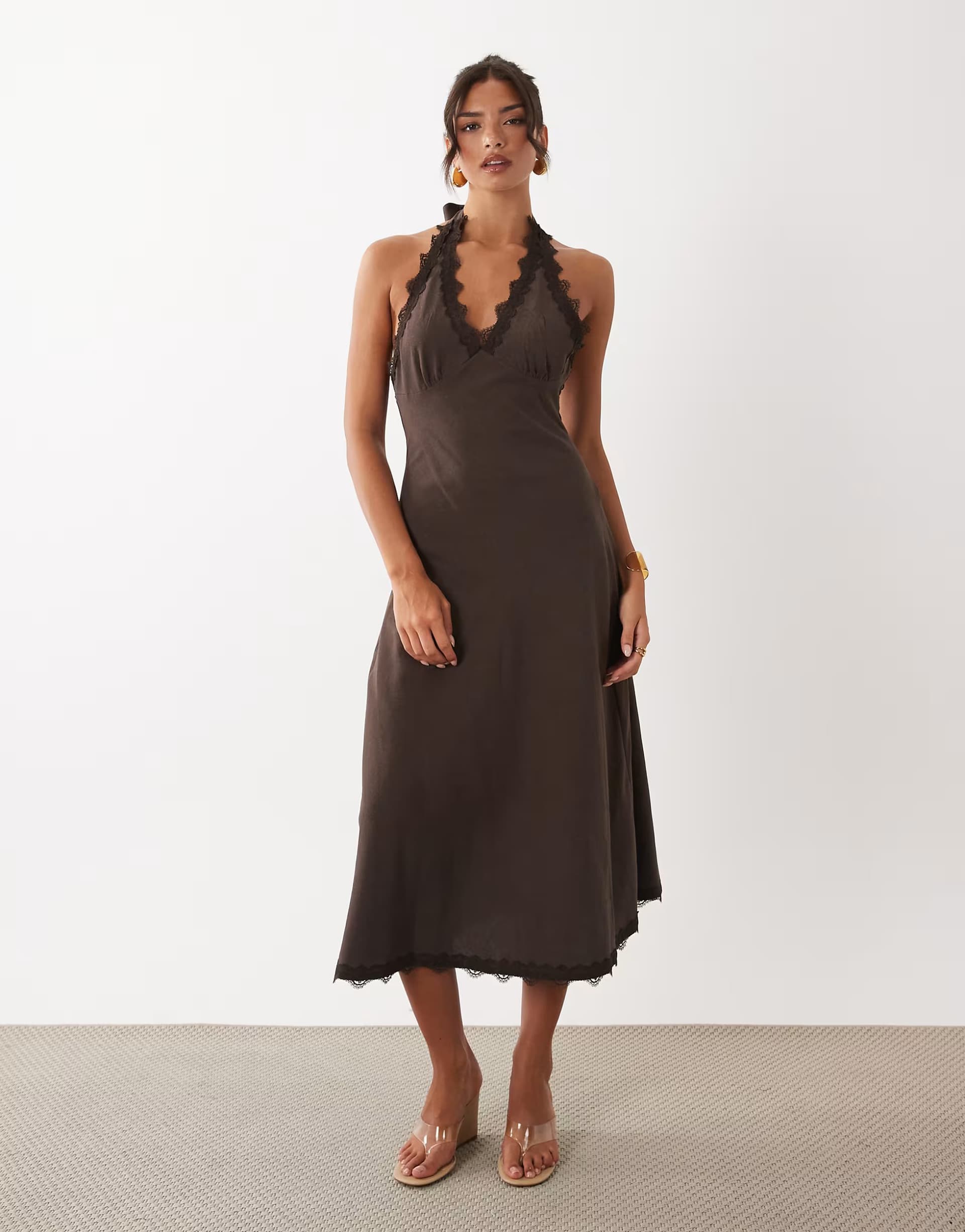 ASOS Lioness Stars Align linen rich halterneck lace trim low back midi dress in chocolate