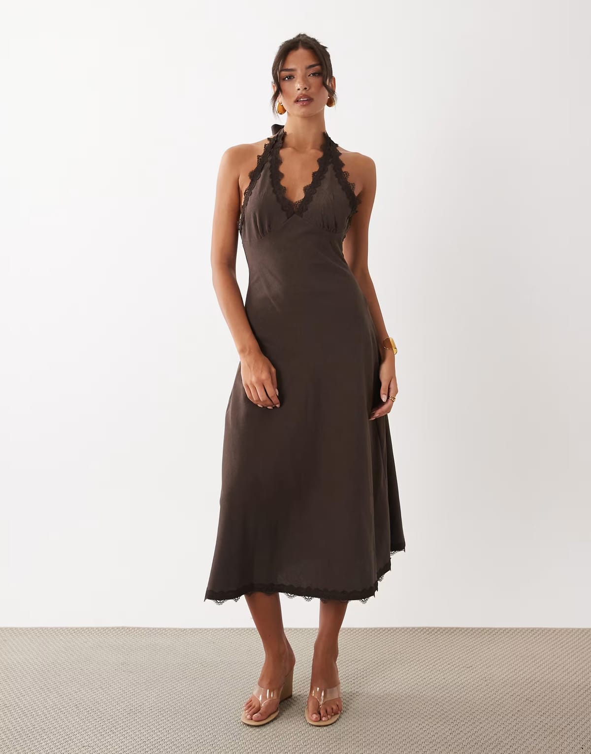 ASOS Lioness Stars Align linen rich halterneck lace trim low back midi dress in chocolate - 1