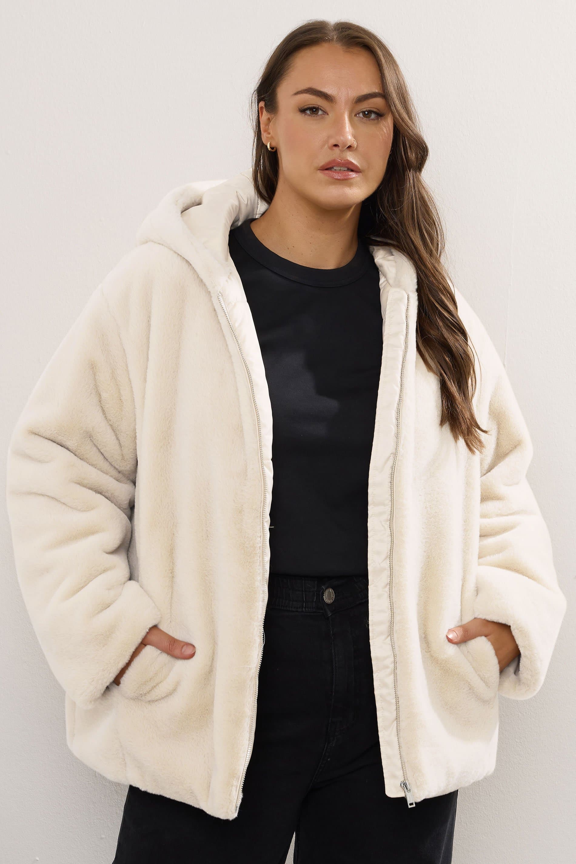 Yours Plus Size Ivory White Faux Fur Hooded Jacket