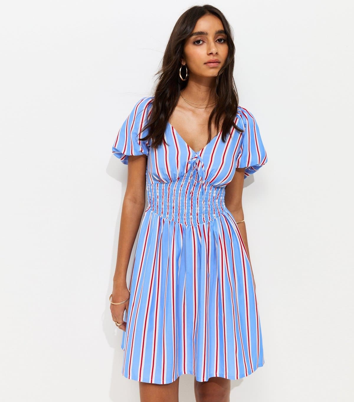 New Look Women's Blue Crepe Stripe Puff Sleeve Shirred Mini Dress New Look