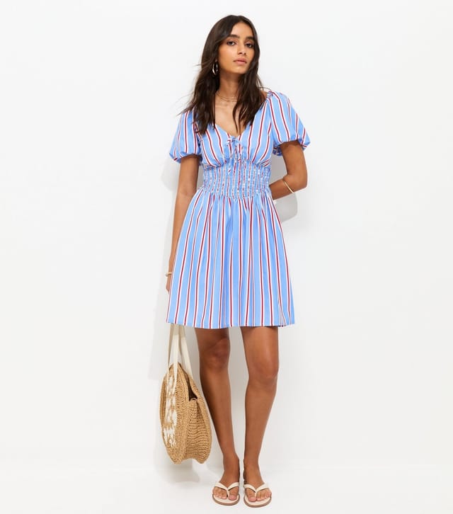 New Look Women's Blue Crepe Stripe Puff Sleeve Shirred Mini Dress New Look - 2