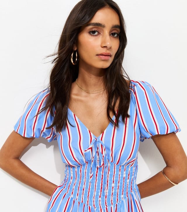 New Look Women's Blue Crepe Stripe Puff Sleeve Shirred Mini Dress New Look - 3