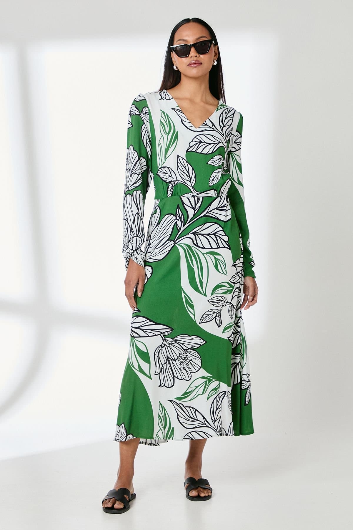 Principles Principles Women's Green Floral Print V Neck Midi Dress