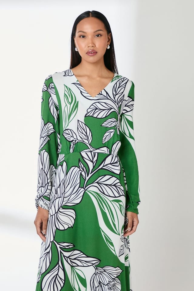 Principles Principles Women's Green Floral Print V Neck Midi Dress - 2