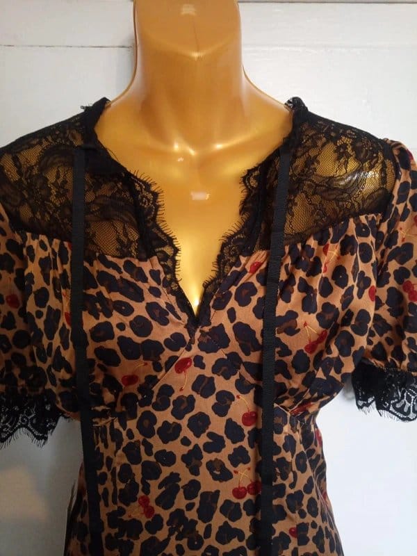 Never Fully Dressed Cherry Leopard Print Satin Lace Trim Mini Dress By Never Fully Dressed - 1