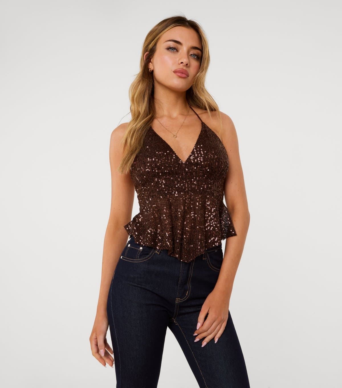 Pink Vanilla Women's Brown Sequin Halterneck Top Pink Vanilla New Look