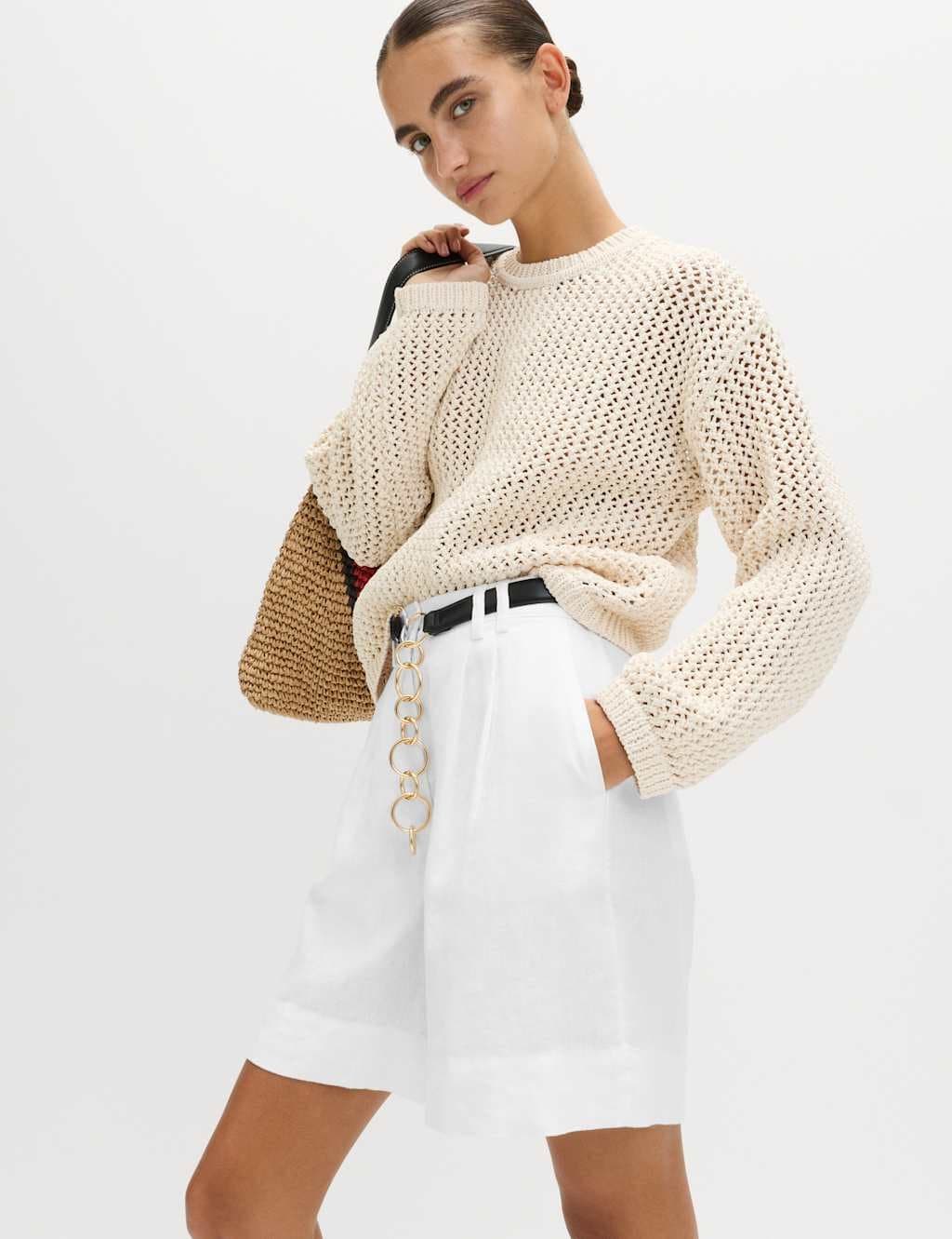 Marks & Spencer M&S Pure Linen High Waisted Shorts White