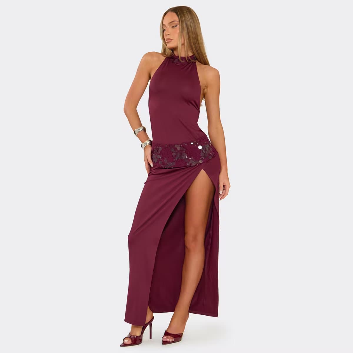 EGO High Neck Sequin Panel Detail Open Tie Back Split Leg Maxi Dress In Plum, Women's Size UK 6