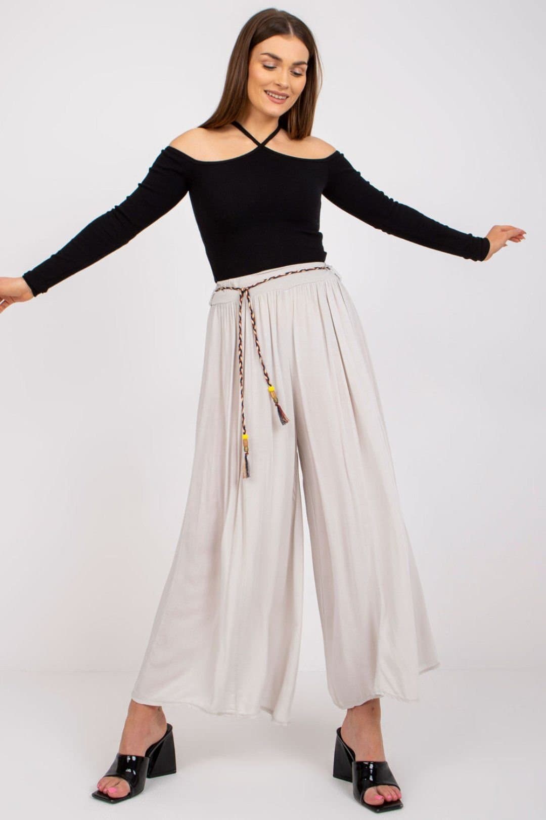 Love Lace Love Lace Women's Wide Leg Fabric Trousers Elastic Waist Belt in Beige