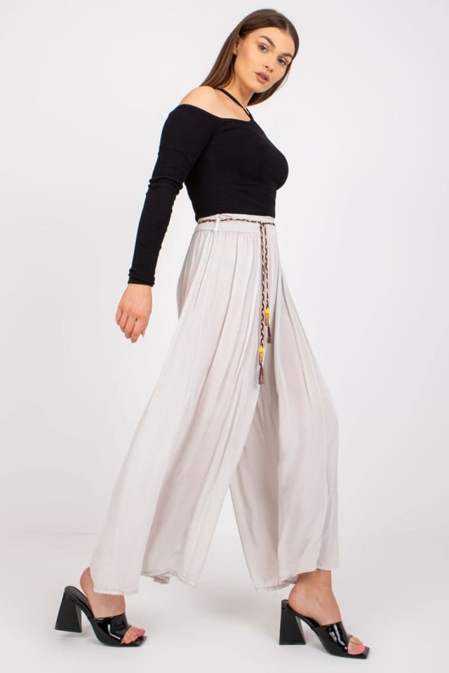 Love Lace Love Lace Women's Wide Leg Fabric Trousers Elastic Waist Belt in Beige - 3