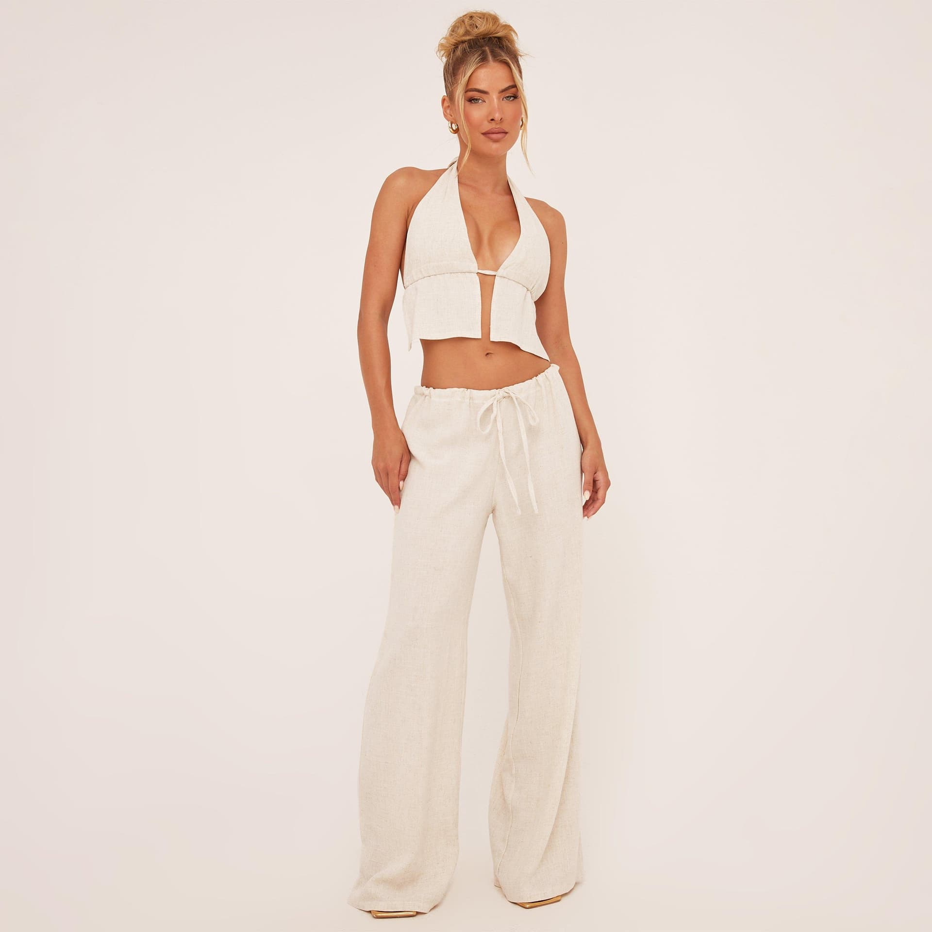 EGO Low Rise Tie Waist Wide Leg Detail Trousers In Stone Linen, Women's Size UK 14