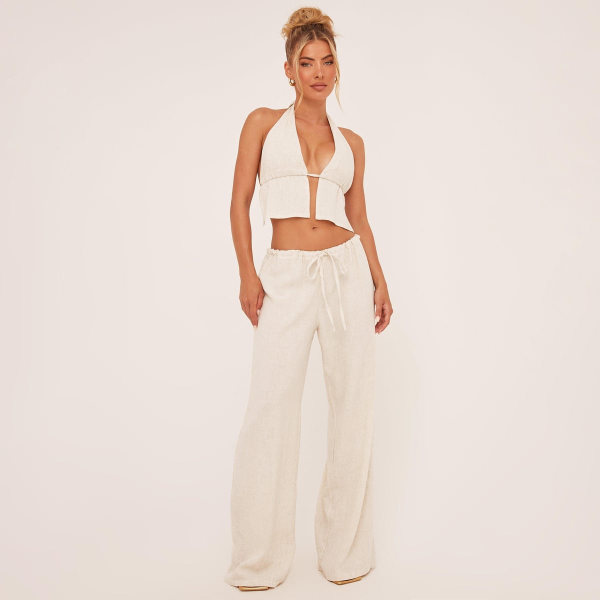 EGO Low Rise Tie Waist Wide Leg Detail Trousers In Stone Linen, Women's Size UK 14 - 1