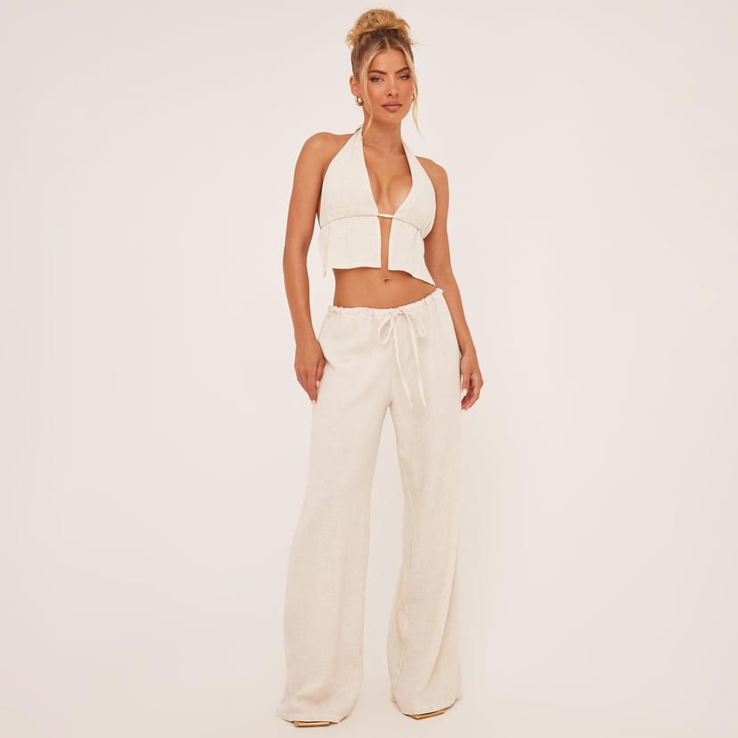 EGO Low Rise Tie Waist Wide Leg Detail Trousers In Stone Linen, Women's Size UK 14 - 1