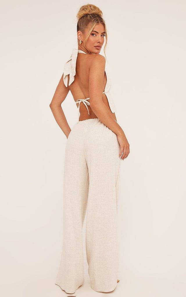 EGO Low Rise Tie Waist Wide Leg Detail Trousers In Stone Linen, Women's Size UK 14 - 2