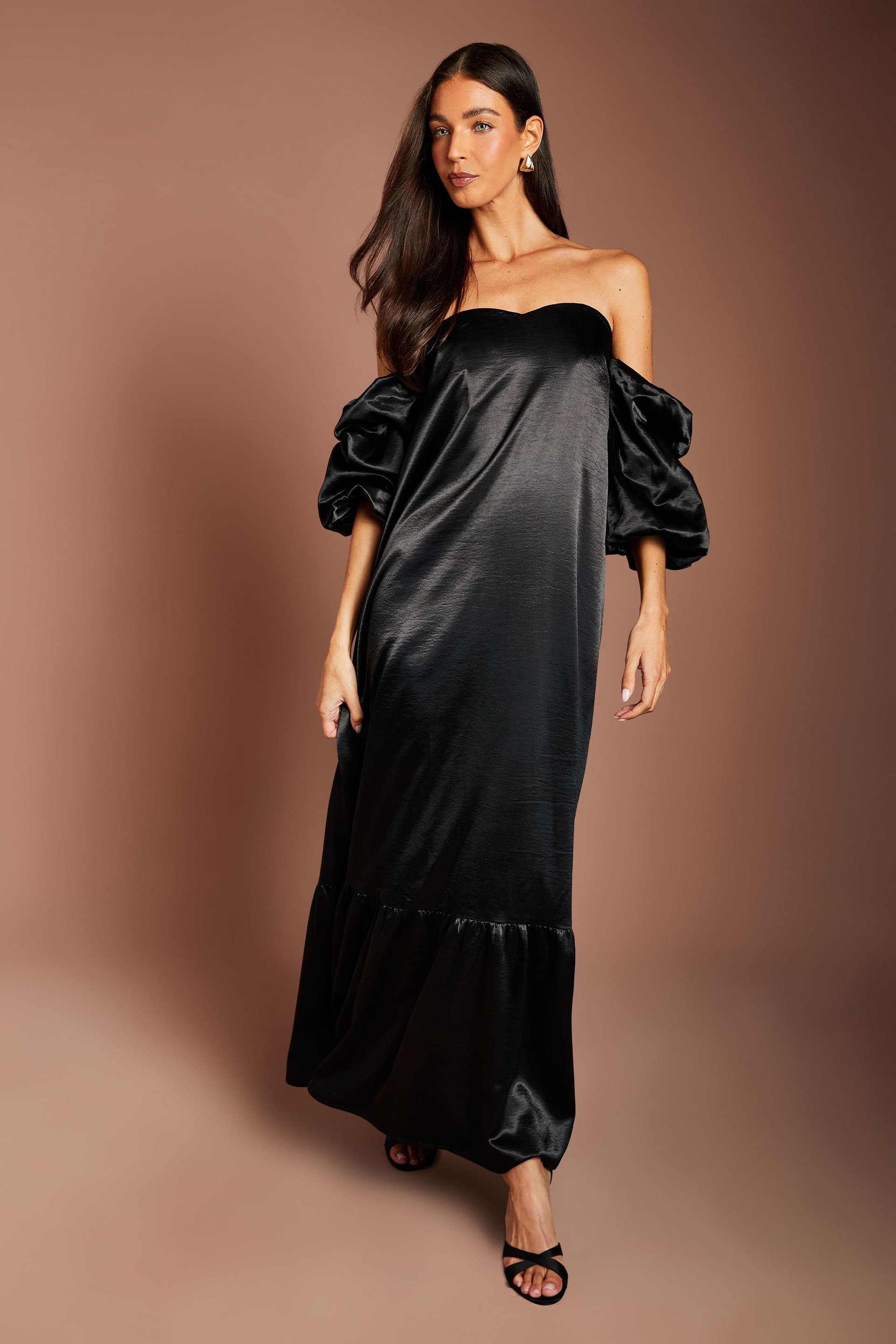 Coast Coast Women's Puff Sleeve Satin Drape Maxi Dress in Black