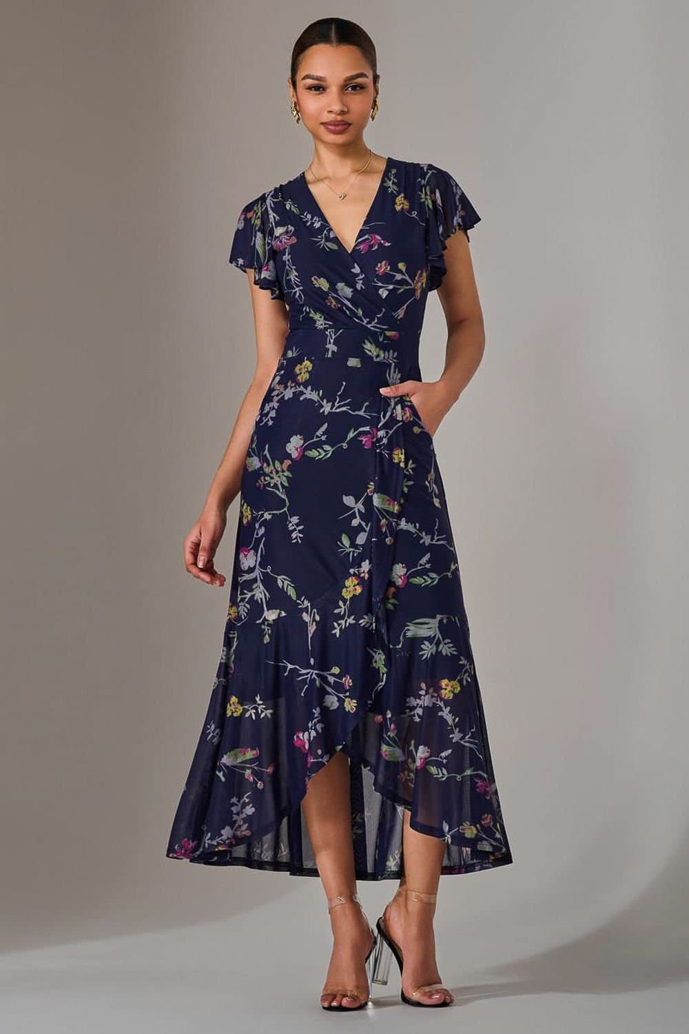Jolie Moi Jolie Moi Women's Mesh Frill Hem Maxi Dress in Dark Navy