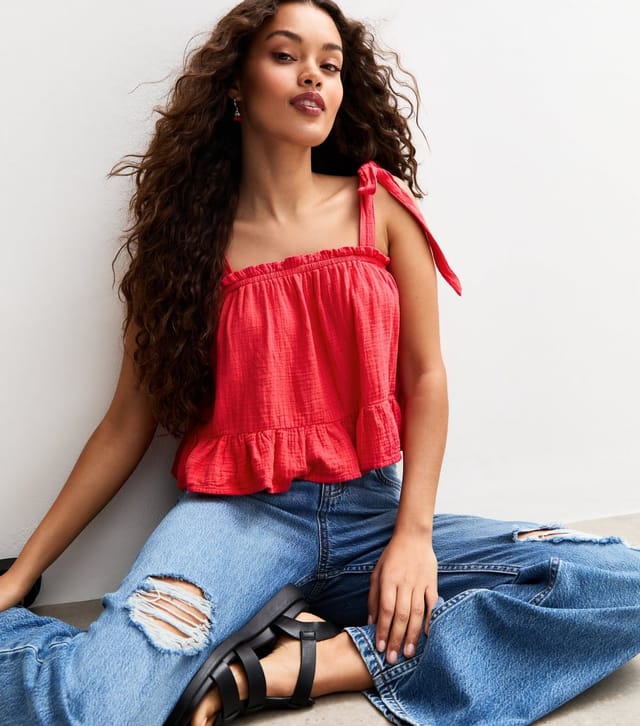 New Look Women's Petite Red Cotton Tie Shoulder Cami Top New Look - 2