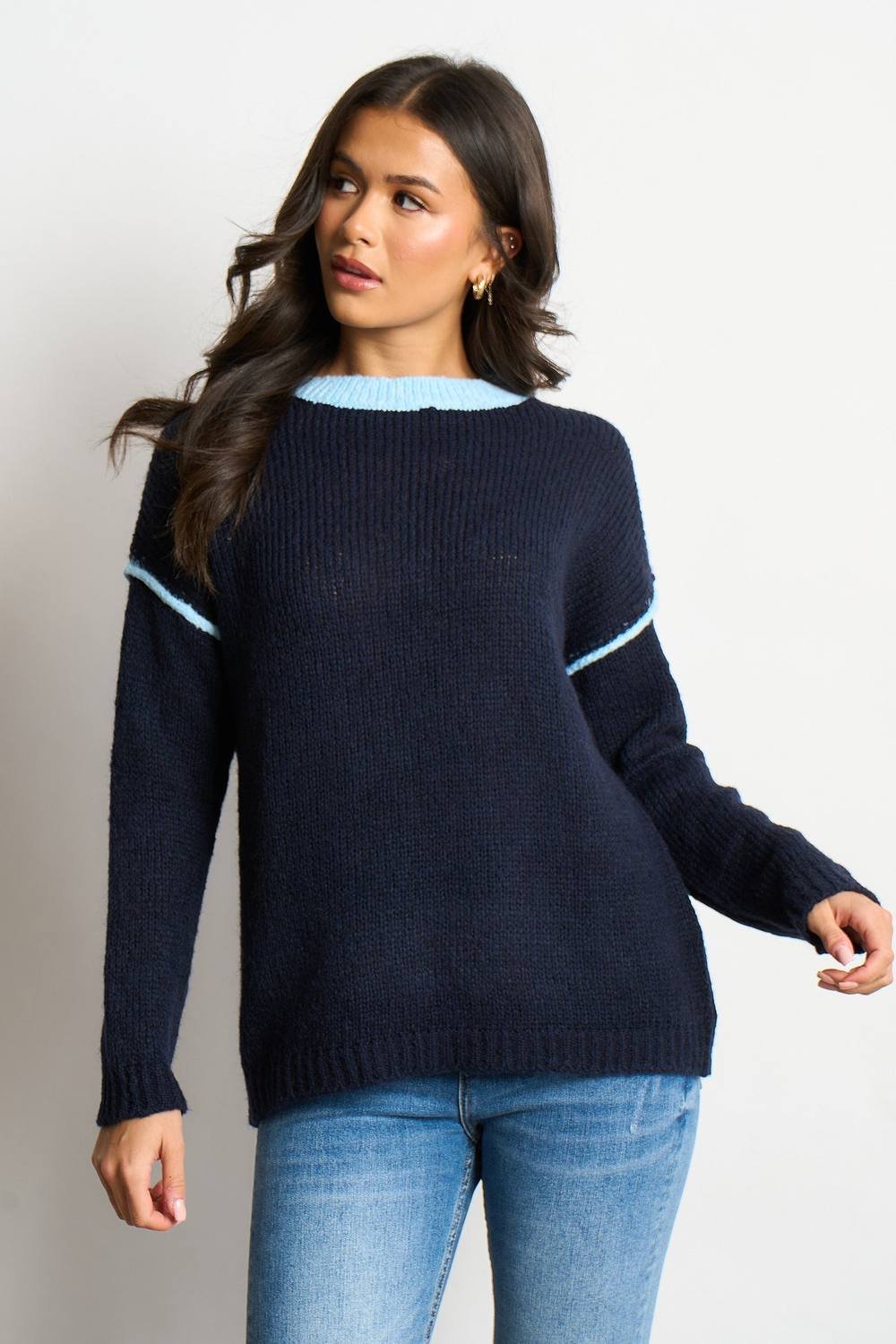 Sarta Sarta Women's Contrast Stitch Italian Wool Blend Jumper in Blue - 1