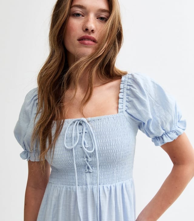 New Look Women's Light Blue Tie Front Shirred Midi Dress New Look - 2