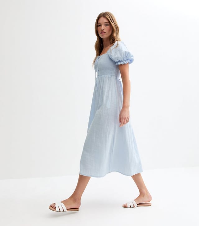 New Look Women's Light Blue Tie Front Shirred Midi Dress New Look - 3