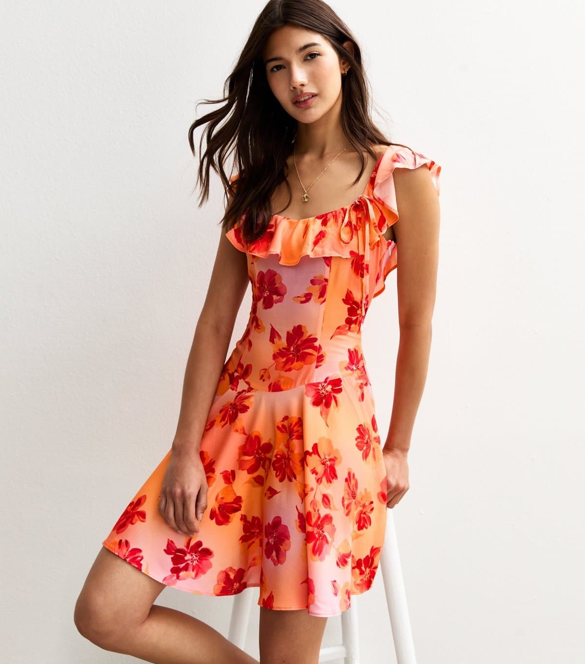 New Look Women's Orange Floral Print Ruffle Trim Mini Dress New Look