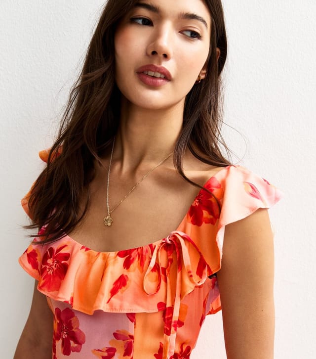 New Look Women's Orange Floral Print Ruffle Trim Mini Dress New Look - 2