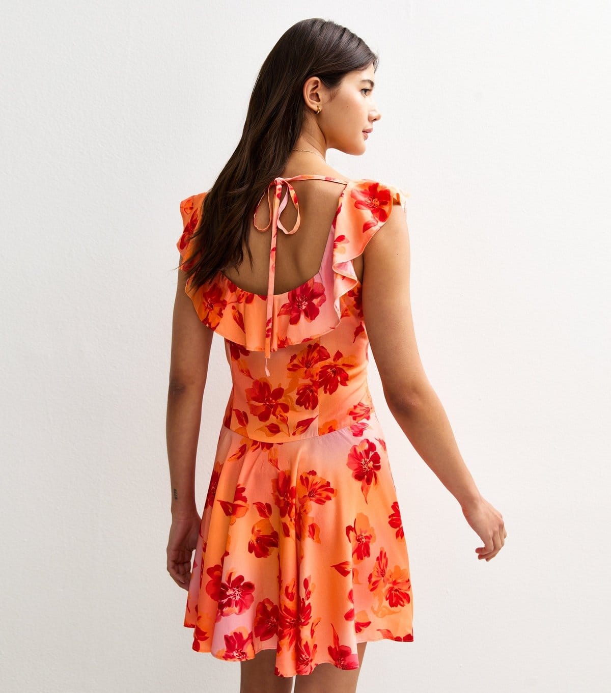 New Look Women's Orange Floral Print Ruffle Trim Mini Dress New Look - 4