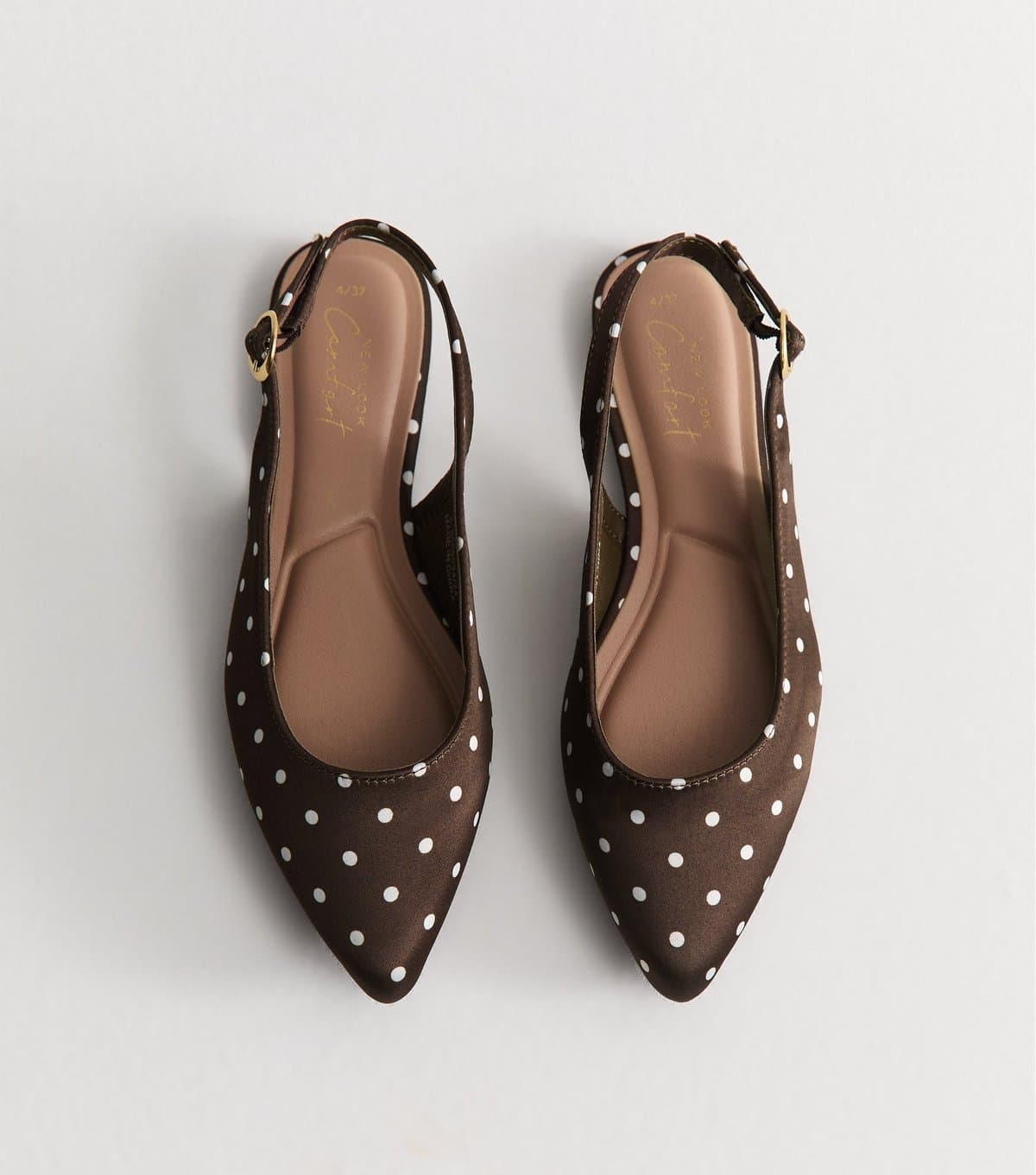 New Look Women's Brown Satin Polka Dot Sling Back Pumps Vegan New Look