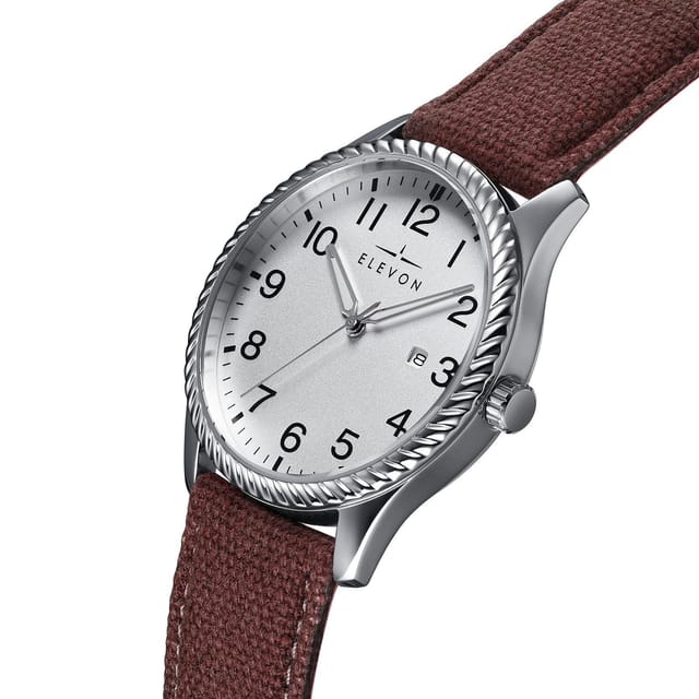 Elevon Elevon Men's Crosswind Canvas-Overlaid Leather-Band Watch w/ Date in Brown - 2