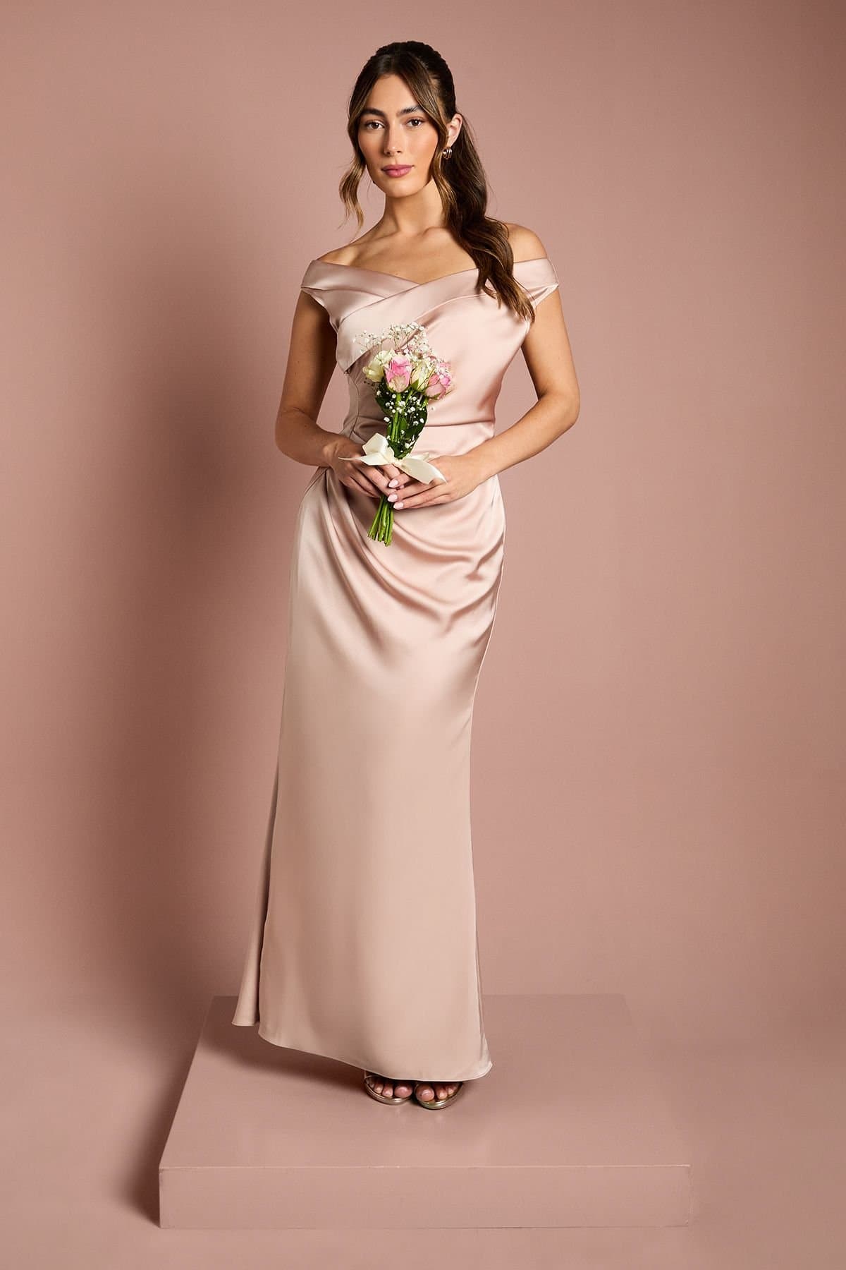 Coast Coast Women's Satin Bardot Bridesmaid Maxi Dress with Waist Ruching Detail in Mocha